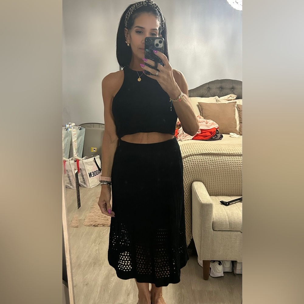 Olivaceous Knitted Two Piece Top and Skirt Set in Black